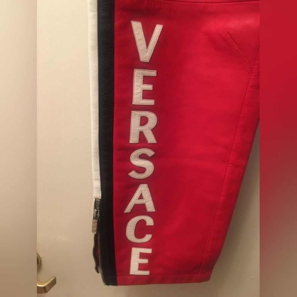 Red Men's Versace Leather Biker Pants
